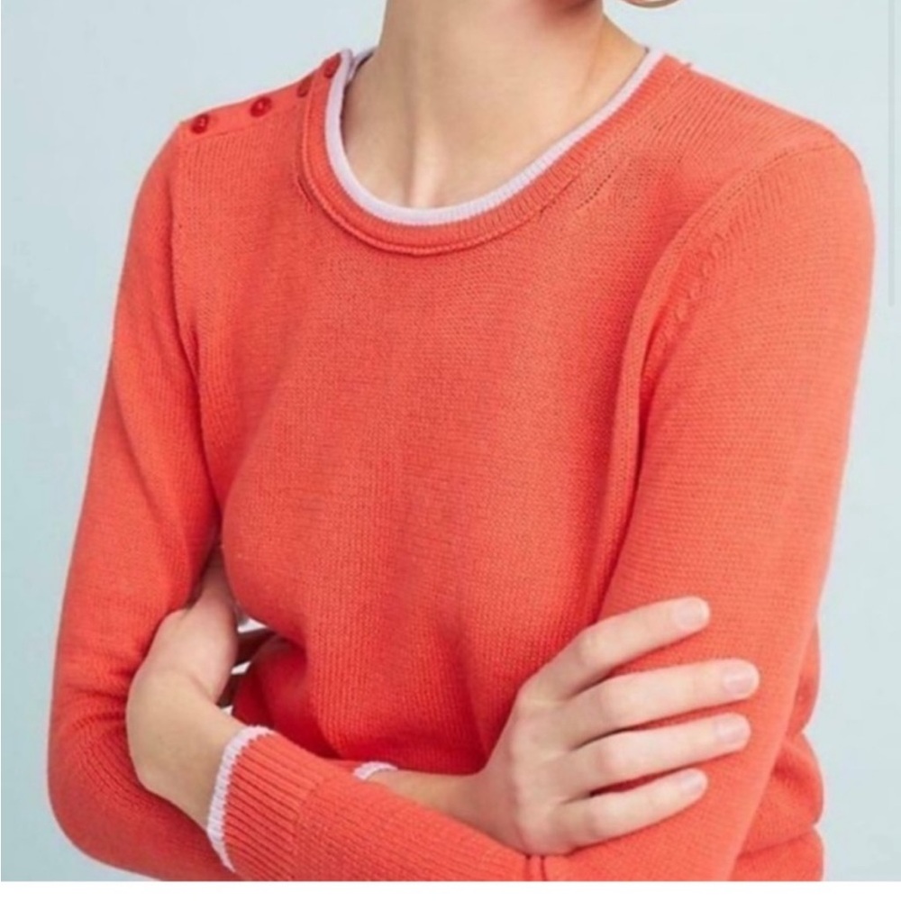 Anthropologie Moth Coral Crewneck Sweater, Button Shoulder Detail, Size Small